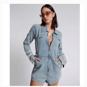 One Teaspoon Light Blue Denim Zip-Front Romper